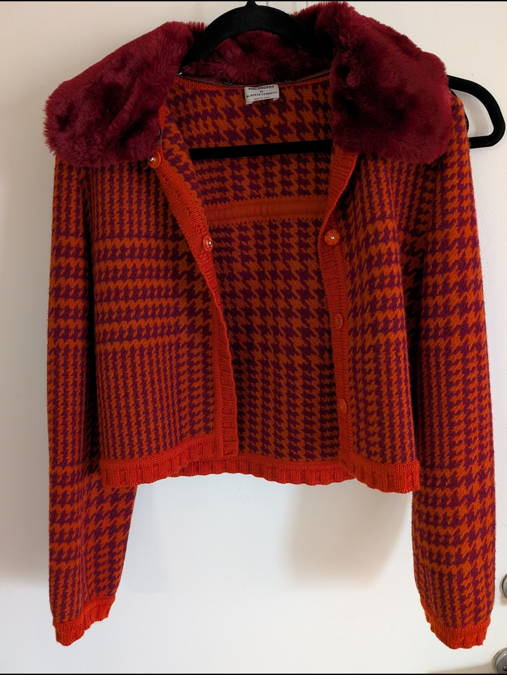 Vintage Alberta Ferretti Red-Orange & Houndstooth Faux Fur Collar Knit Jacket